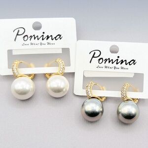 Gold-Tone Crystal Pave Grey or White Imitation Pearl Charm Huggie Hoop Earrings